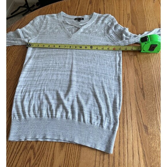 Lety & Me Light Gray Lace Knit Sweater V-Neck With Criss Cross & Crochet Accent - Picture 6 of 10